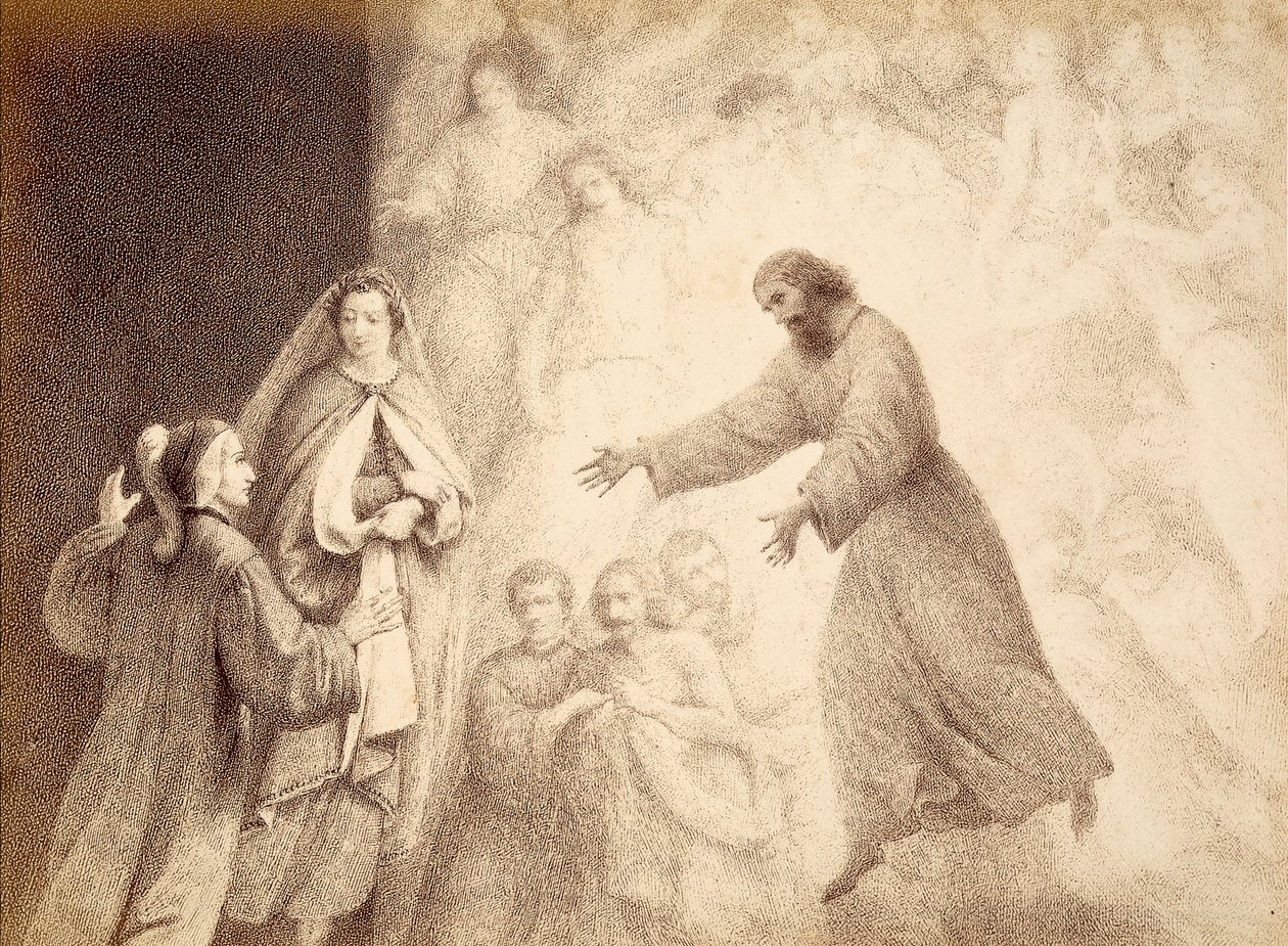 I Mars sfär möter Dante sin förfader Cacciaguidas ande. Illustration av Canto XV av Paradiso av The Divine Comedy av Dante Alighieri. Franceso Scaramuzzas verk tillägnat Florens kommun. av Unbekannter Künstler