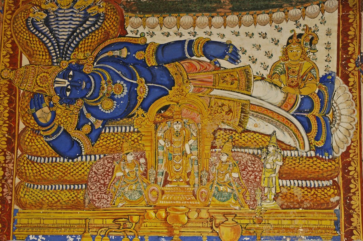 Indien, Tamil Nadu, Srirangam, Sri Ranganathaswamy Hindu Temple (original 10th Century), Väggmålning av Vishnu. av Unbekannt