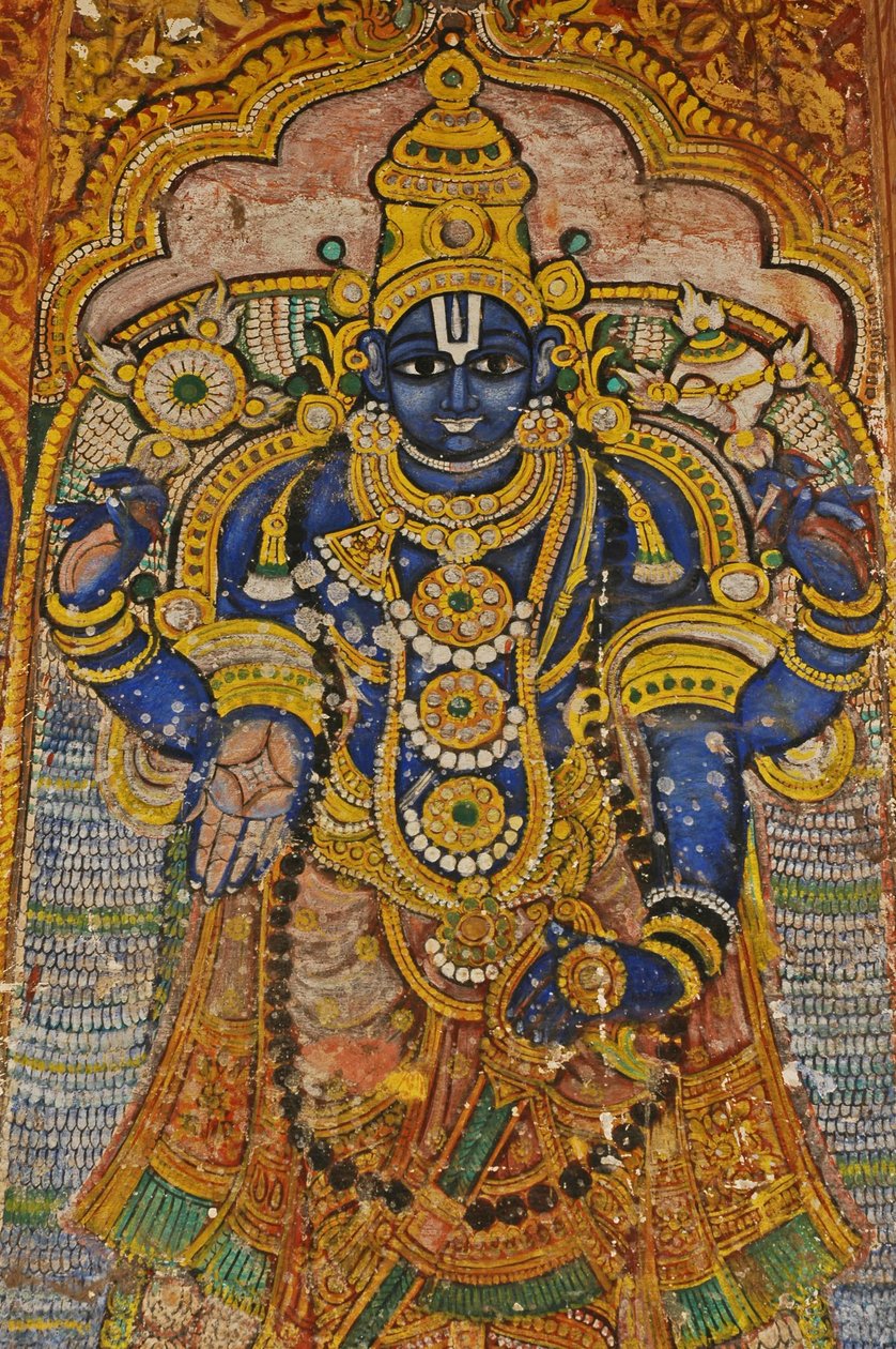 Indien, Tamil Nadu, Srirangam, Sri Ranganathasvami Hindu Temple (ursprung 1000-talet), väggmålning av Vishnu. av Unbekannt