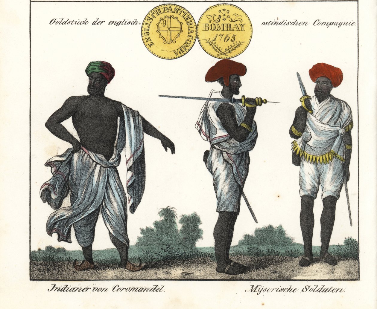 Indiska dräkter: en man från Coromandelkusten och två soldater från Mysore (eller Maissour). Med ett guldmynt från Ostindiska kompaniet. Litografi för boken: "Galerie complete en tableaux fideles des peuples d