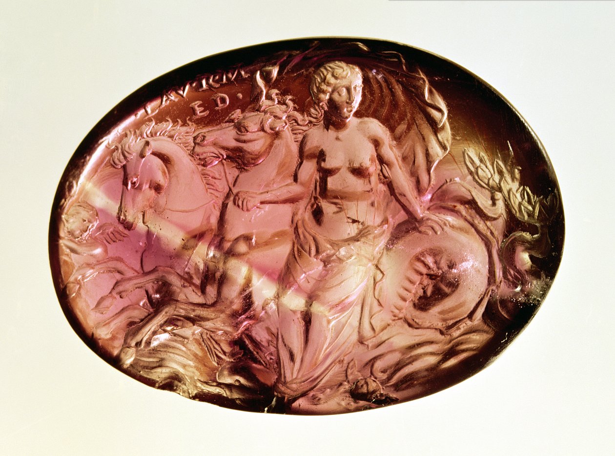 Intaglio av en nereid eller amfitrit på en hippocampus, c.50 f.Kr. (ametist) av Unbekannt