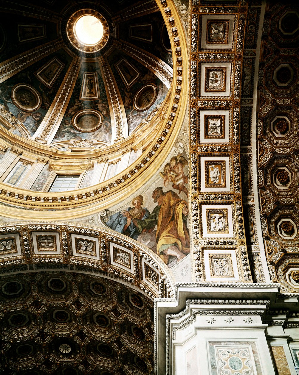 Inre vy av kupolen av Peterskyrkan (Basilica San Pietro) i Rom. Detalj. Startades av Michelangelo (Michelangelo) och avslutades av Giacomo della Porta och Fontana. Rom, Italien av Unbekannt