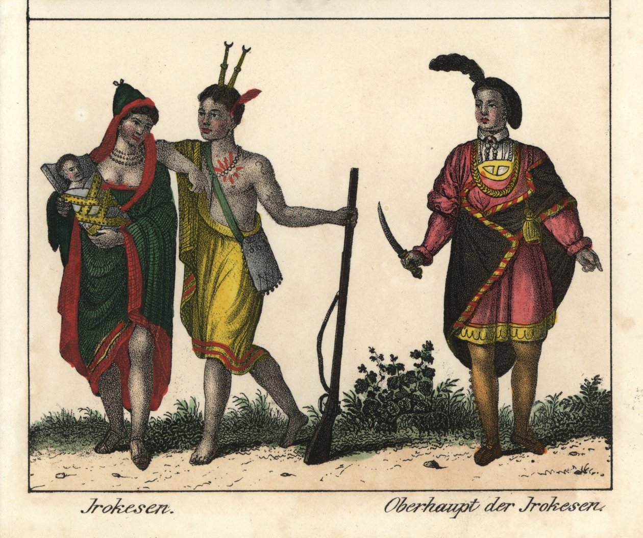 Irokesindianer, ett par med en baby, den beväpnade mannen har tatuerad kropp och stammens ledare. Litografi för boken: "Galerie complete en tableaux fideles des peuples d