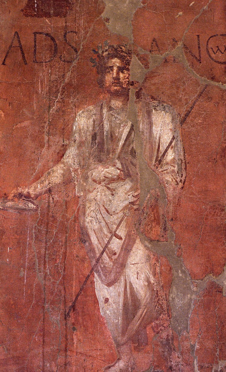 Italien: Arkeologisk plats i Pompeji vid foten av Vesuven: väggfresk av William M. Timlin