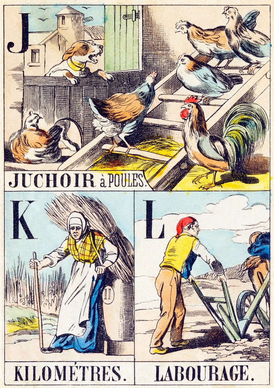 J K L : Juchoir a poules, Kilometer, Labourage - "Alfabetet på gården" slutet av 1800-talet (gravyr) av Unbekannt
