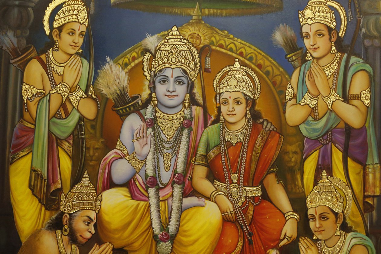 Jalaram Prathanna Hindu Temple, Leicester. Fresk. Rama, Sita med Lakshmana till Ramas höger och Hanuman knästående, och hängivna Storbritannien av Unbekannt