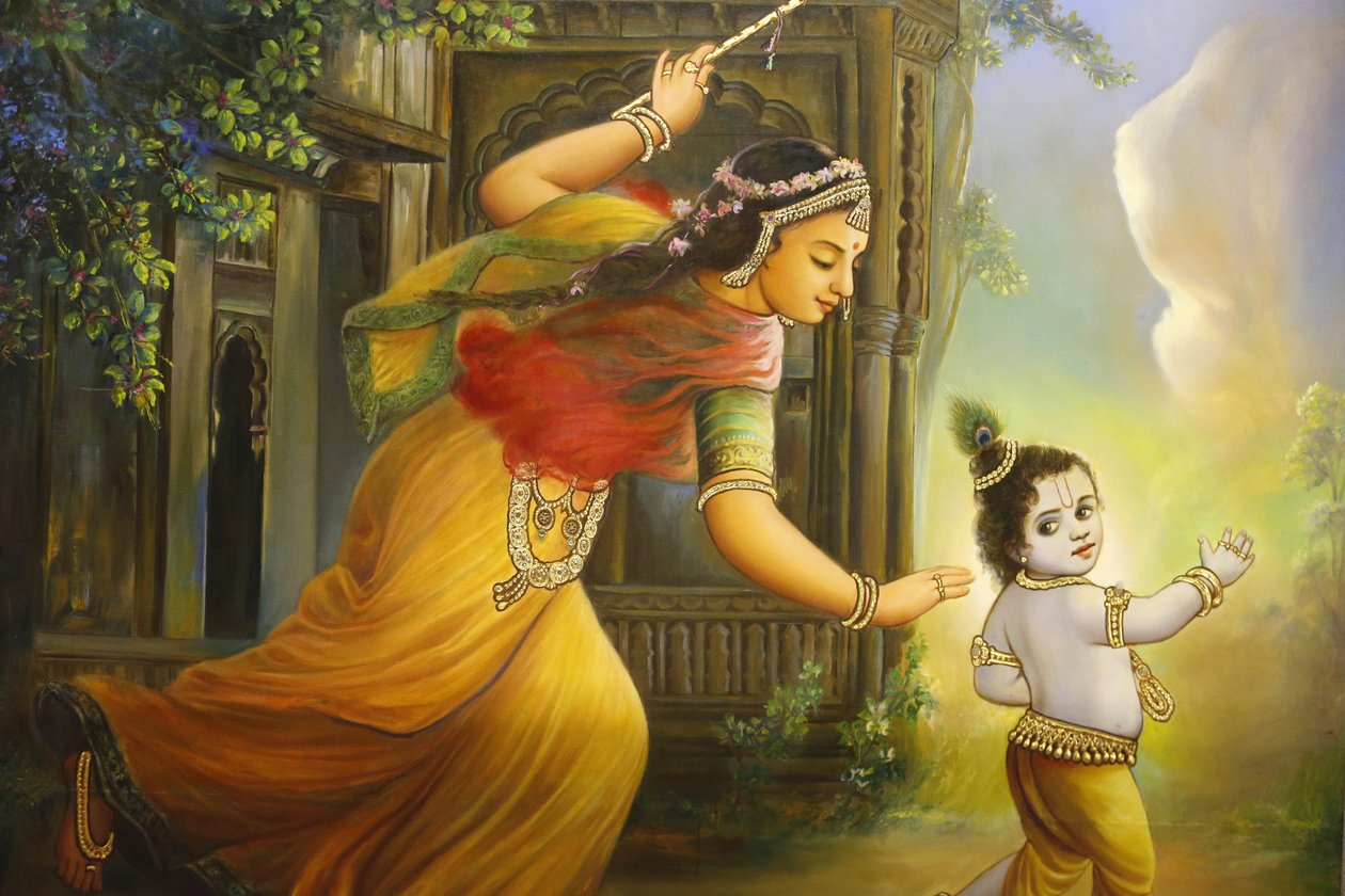 Jalaram Pratna hinduiska tempel, Leicester. Fresk. Yashoda och Krishna. Storbritannien av Unbekannt
