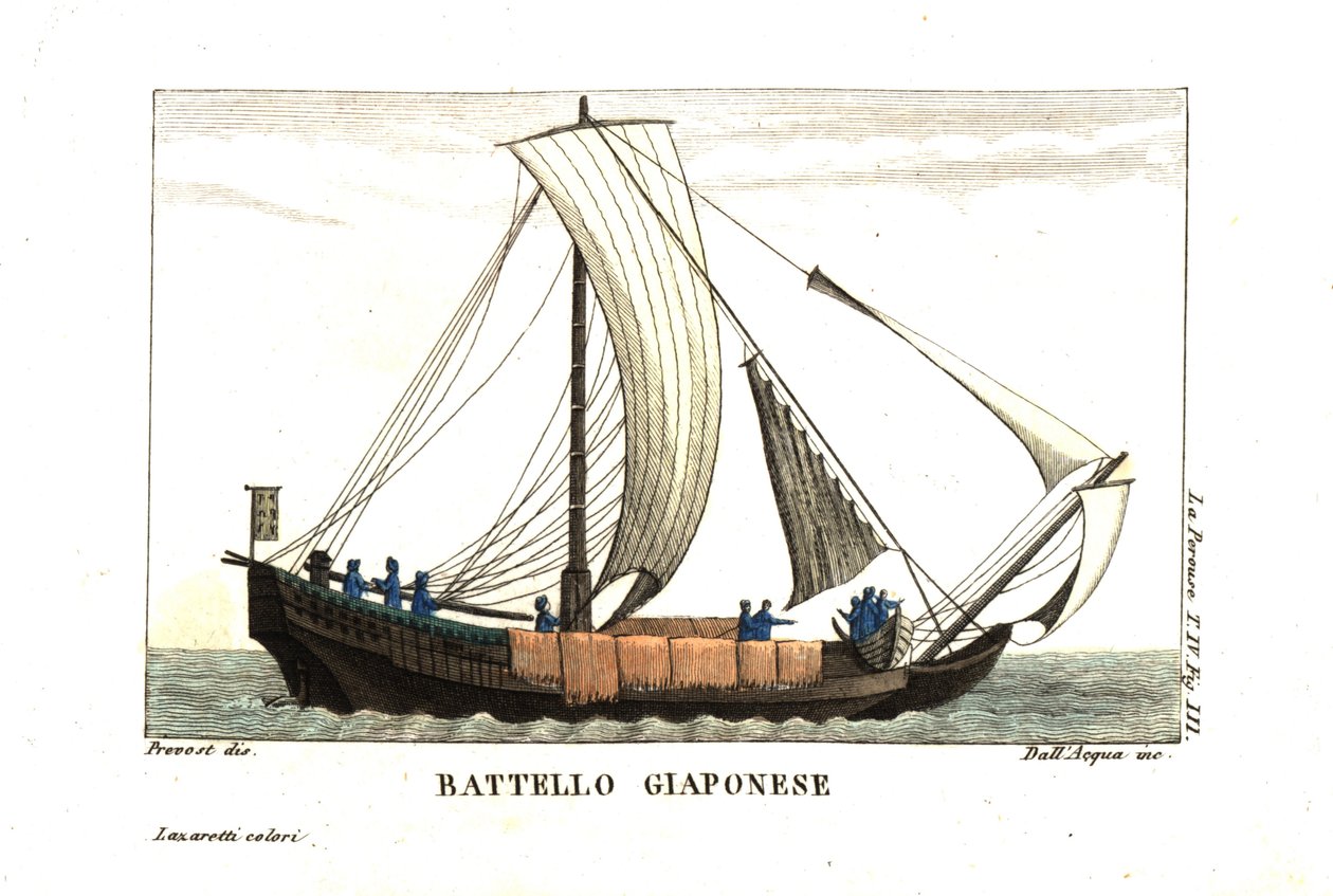 Japansk segelbåt. Illustration av Jean Louis Prevost från Jean François de Galaup, Earl of La Perouse (1741-1788) Journal. Kopparstick av dell