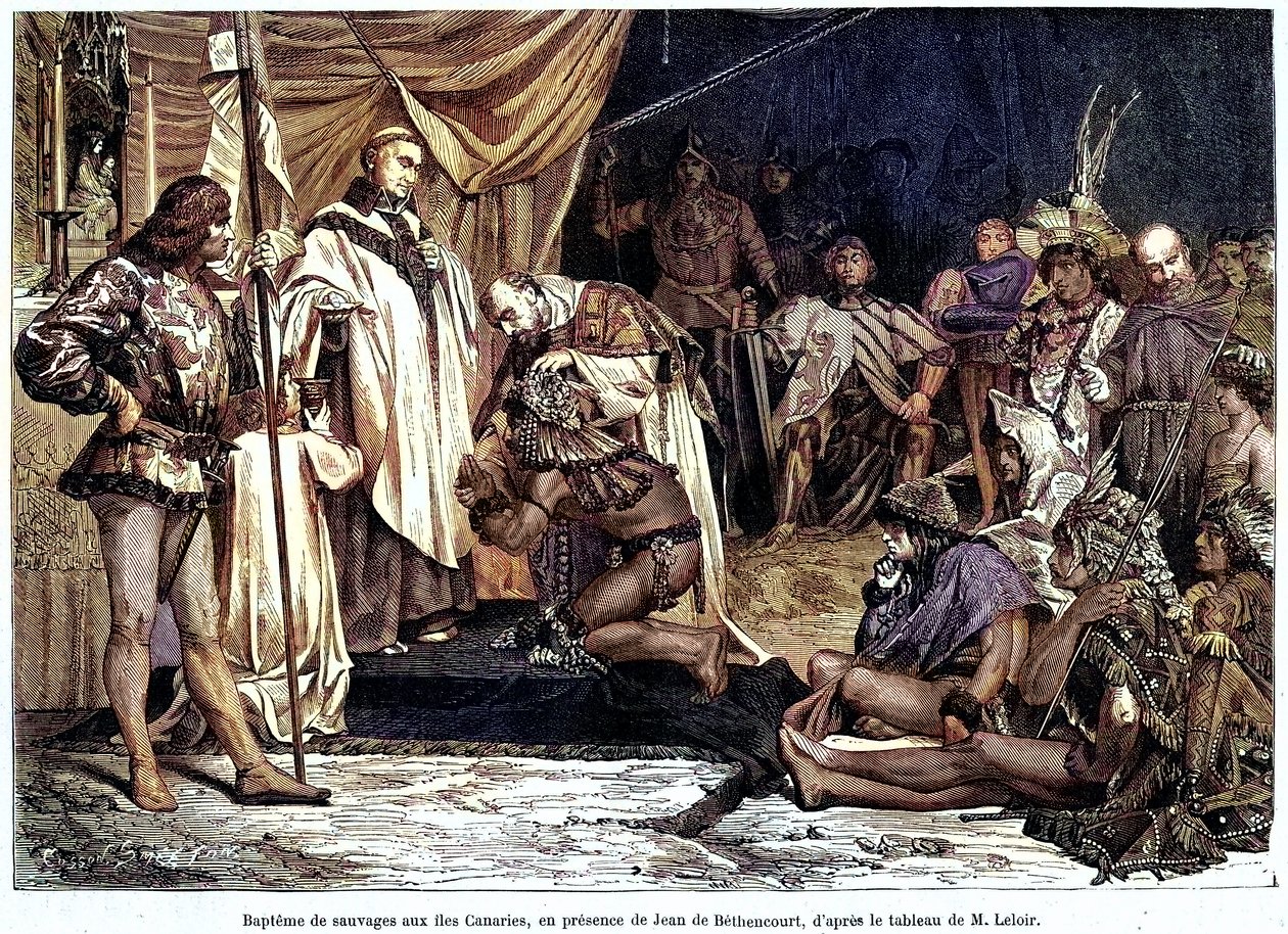 Jean de Bethencourt, normandisk gentleman, baron de Saint Martin le Gaillard, erövrade och kristnade Kanarieöarna i januari 1405, från tidskriften "Sur terre et sur mer"" nr 28, 8 januari av Unbekannter Künstler
