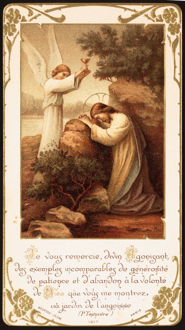 Jesus knäböjde i bön i Getsemane trädgård, en ängel presenterade en kalk för honom. Början av 1900-talet (vykort) av Unbekannter Künstler