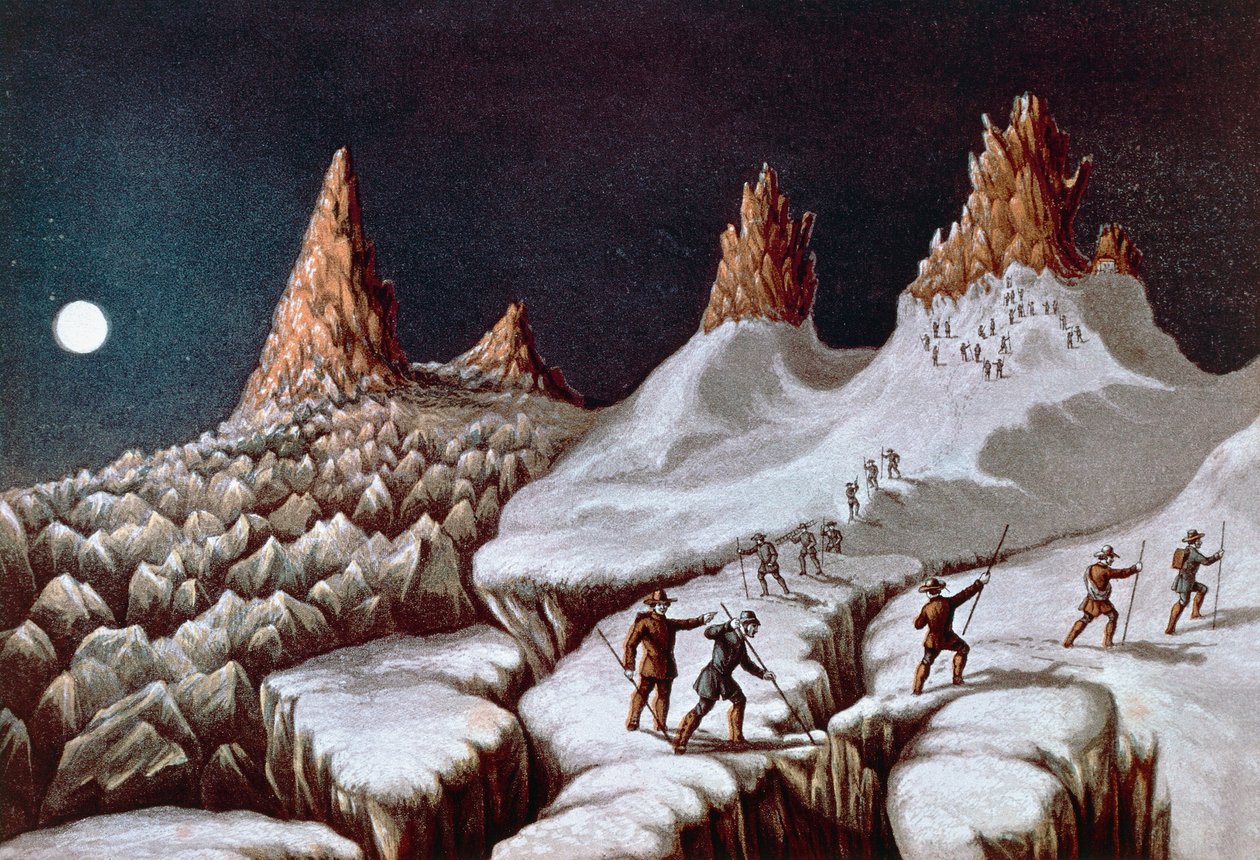 John MacGregors bestigning av Mont Blanc, Grands Mulets route, illustration från Narrative of ascent to Mont Blanc, 21 september av William M. Timlin