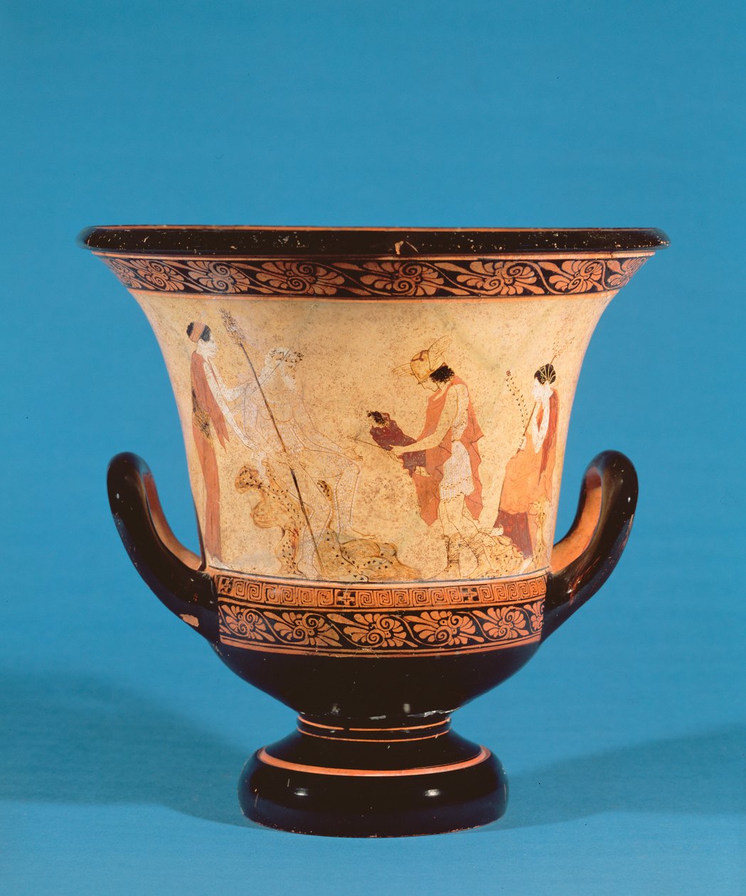 Kalyx krater föreställer Hermes som levererar spädbarnet Dionysos till nymferna, etruskiska, c.460 f.Kr. (terrakotta) av Unbekannt