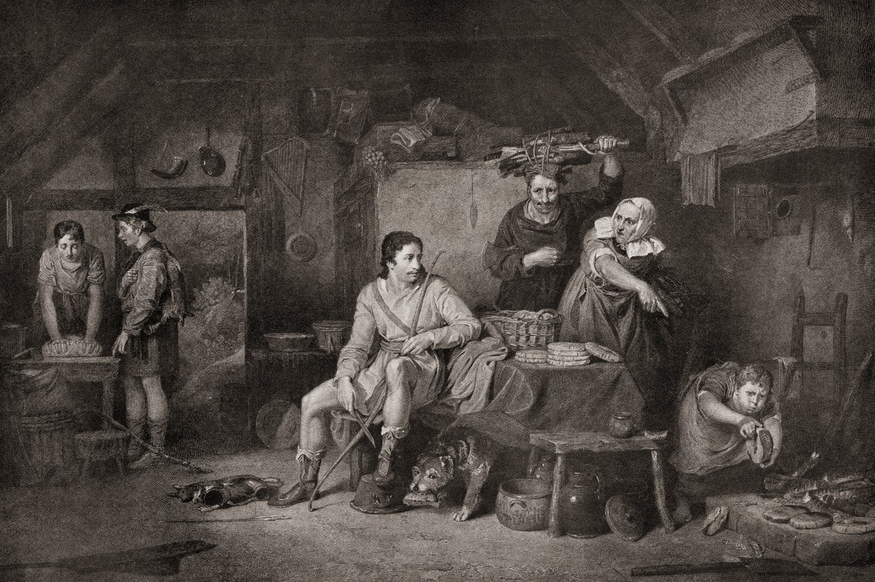 Kung Alfred i Neatherds Cottage. Alfred den store, ca 848-899. Kung av Wessex. Legenden berättar att när Alfred flydde till Somerset Levels fick han skydd av en bondkvinna som, ovetande om hans identitet, lämnade honom att titta på några kakor som hon hade av Unbekannter Künstler