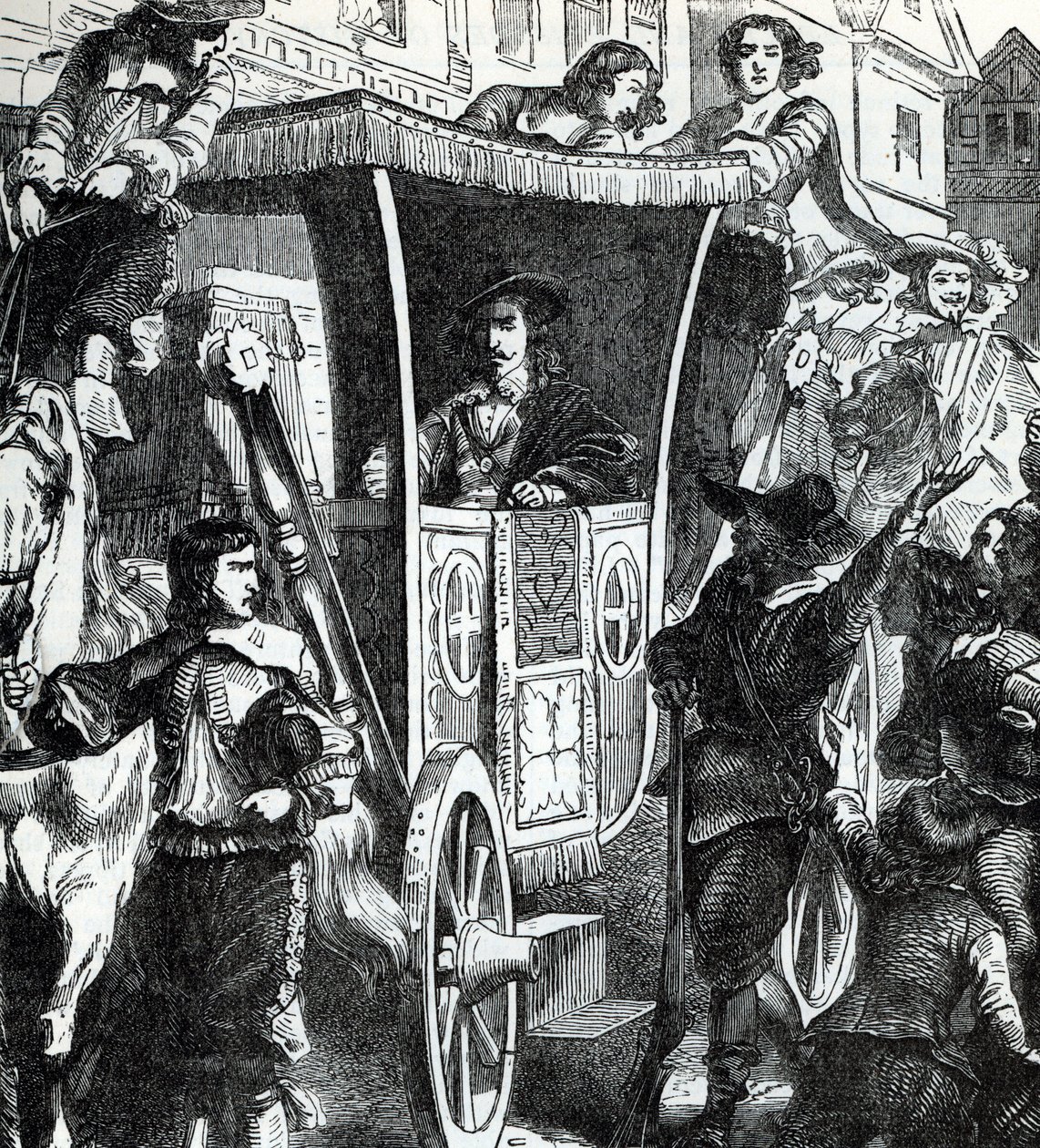 Kung Karl I hyllas av folkmassan efter det misslyckade försöket att gripa de fem parlamentsledamöterna John Pym, John Hampden, Denzil Holles, William Strode och Arthur Haselrig den 4 januari 1642. 1800-talet (gravyr från "History of the world") av Unbekannter Künstler