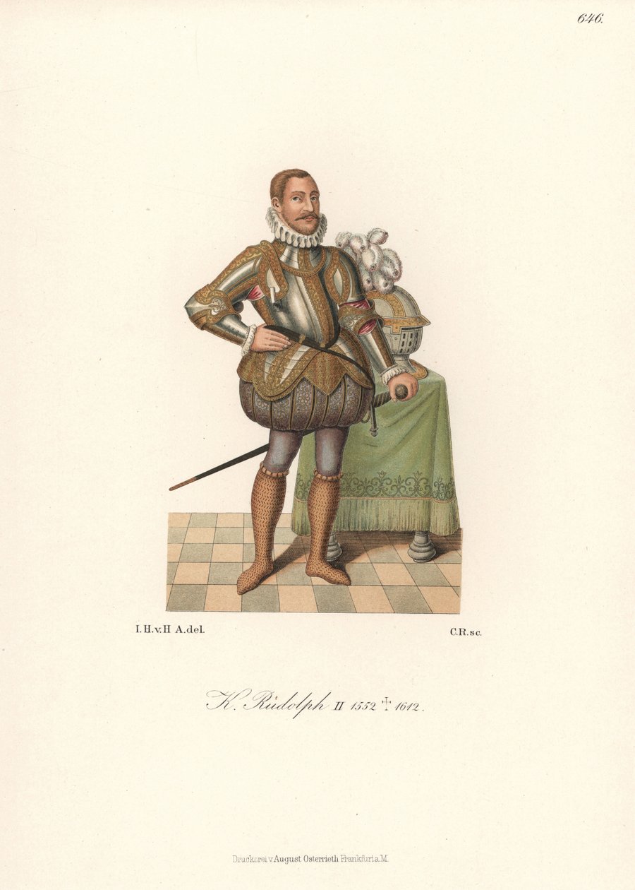 Kung Rudolf II, tysk-romersk kejsare, kung av Böhmen, ärkehertig av Österrike (1552-1612). I spetskrage, gulddekorerad plåtrustning, slitsade vadderade strumpbyxor och ringbrynjestrumpor. Kromolitografi från Hefner-Altenecks Costumes, Artworks and Applianc av Unbekannter Künstler