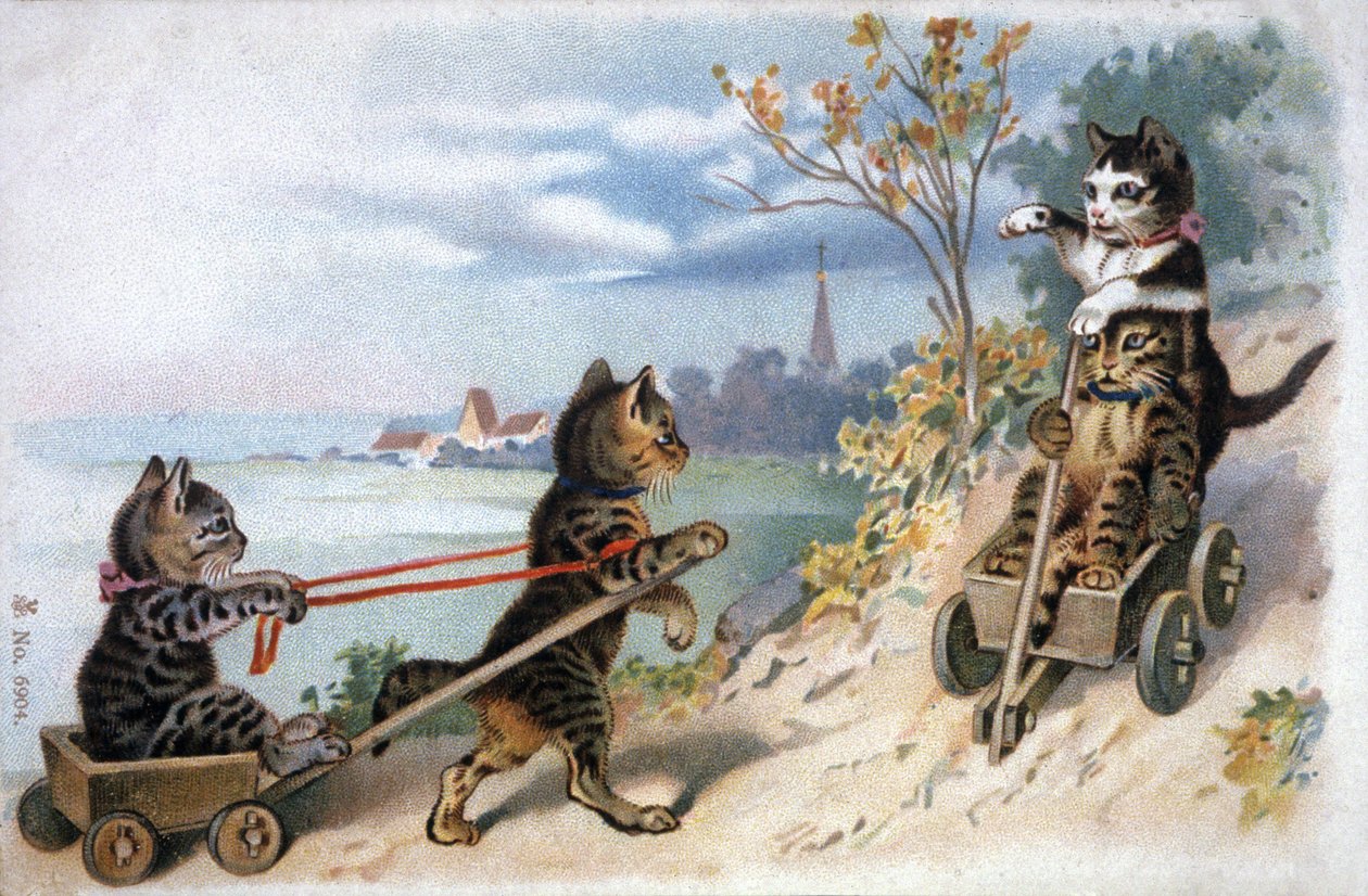 Kattungar i slädar, tidigt 1900-tal (vykort) av Unbekannter Künstler