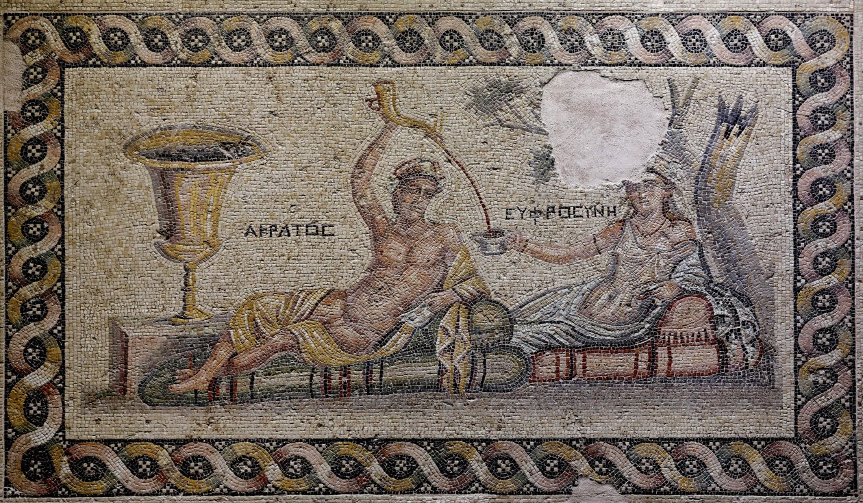 Kratos (Cratos) och Euphrosyne (Euthymia) - Mosaik, Akratos och Euphrosyne, Zeugma Mosaikmuseum, Gaziantep, Region Sydöstra Anatolien, Anatolien, Turkiet, Asien av Unbekannter Künstler