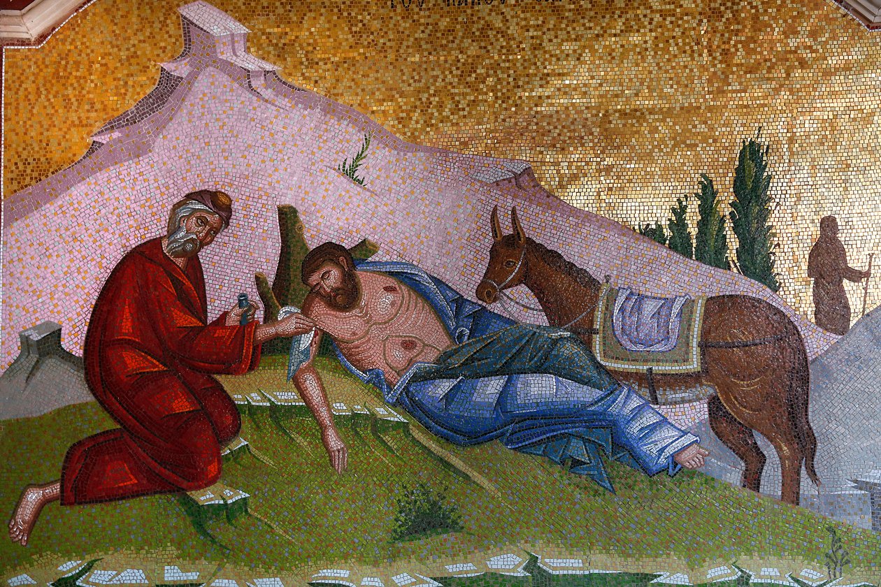 Kykkos kloster, Cypern. Mosaik. Barmhärtige samarit, 20150510, Pedoulas, Cypern av Unbekannt