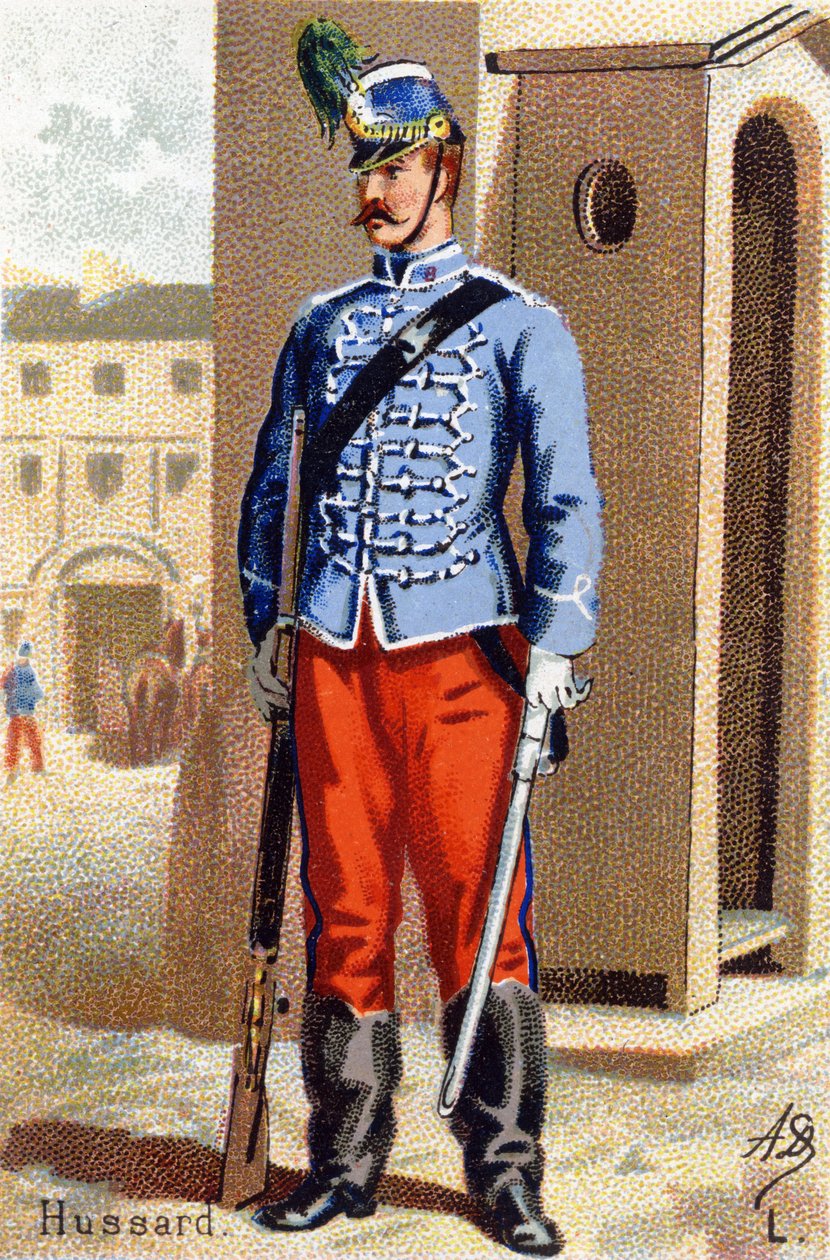 L: Hussard. Gravyr i "Militäralfabetet". Illustratörens initialer: A. D. Okänd utgivare. Kromolitografier från slutet av 1800-talet. Mått: 10,5x7 cm. av Unbekannt