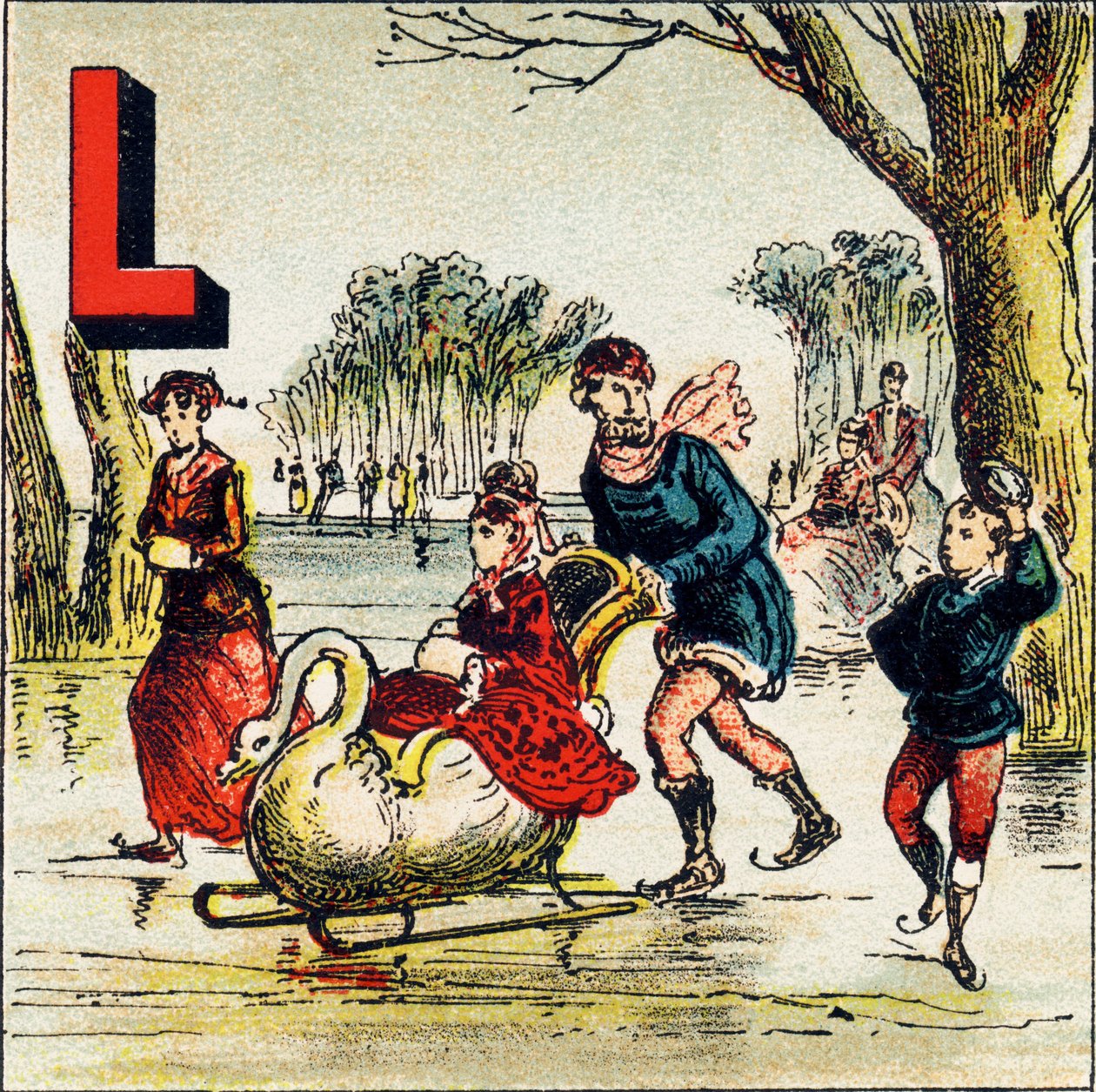 L: Sjön. En sjö är en stor vattenmassa innesluten i land. Genèvesjön är en beundransvärd sjö - Gravyr extraherad från det geografiska alfabetet. Guerin-Muller et Cie, förlag, Paris av Unbekannt
