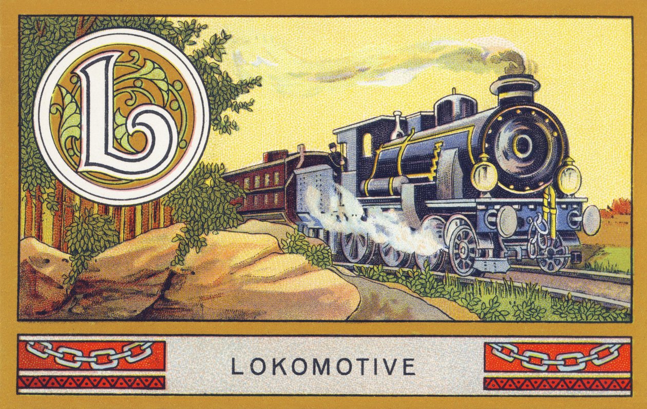 L: Lokomotiv - Alphabet Palmin. Serie av kromolitografier redigerade av H. Schlinck & Cie, Hamburg, sid. d. . Reklam för Palmin feinstes Cocosfett. Mått: 7 x 11 cm av Unbekannt