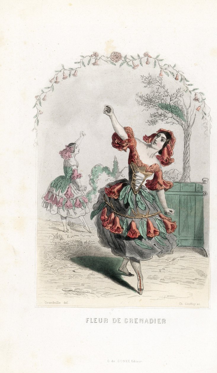 La fee de la fleur de grenade danse - Etsning av Charles Geoffroy (1819-1882), efter en illustration av Jean Ignace Isidore Gerard dit J.J.J.Granville (1803-1847), för Les fleurs animees av Unbekannter Künstler