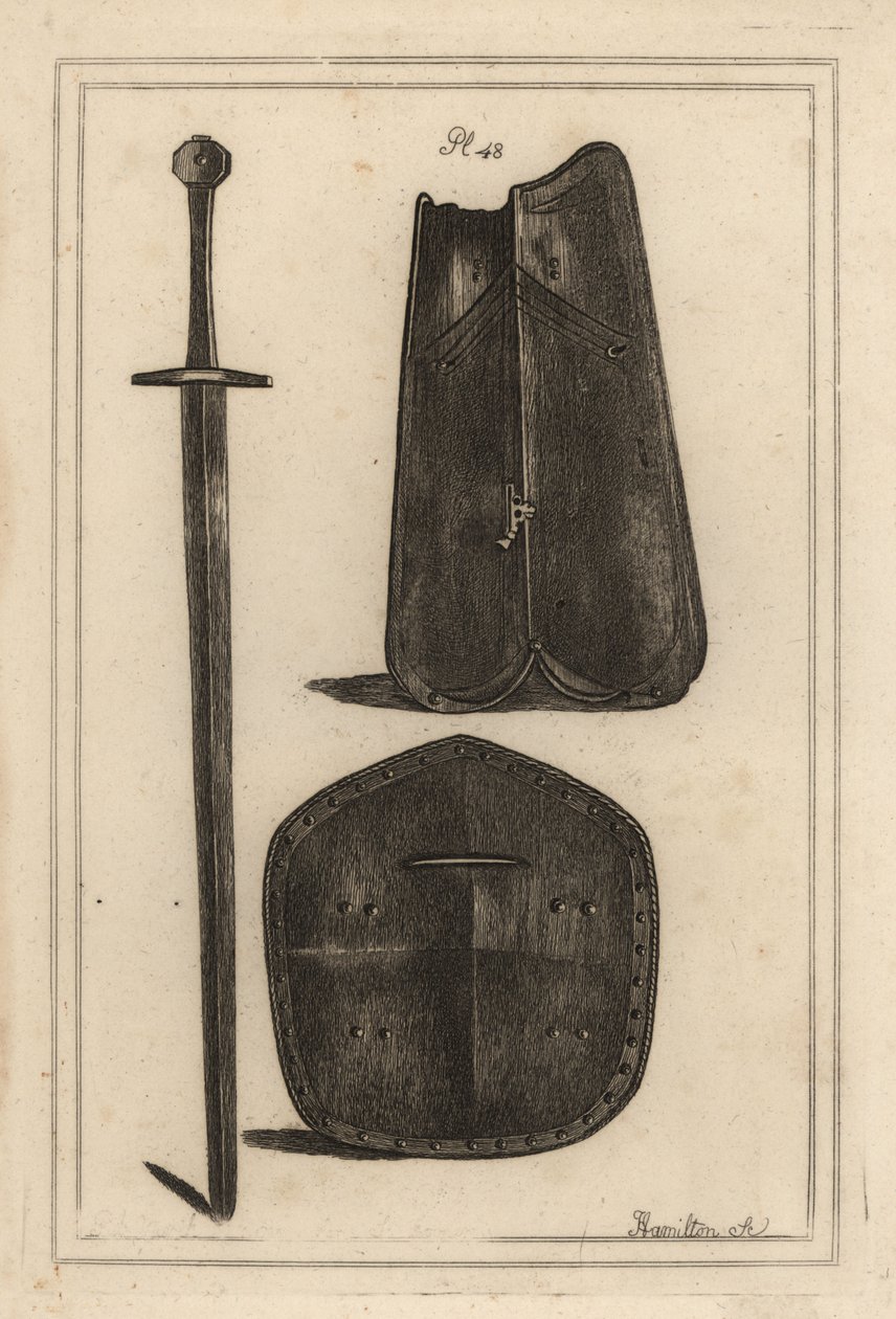 Stor bröstplåt eller curass 1, sköld perforerad i mitten 2 och tvåhandssvärd som alla tillhörde Guy, Earl of Warwick 3, Kopparstick av J av Unbekannt