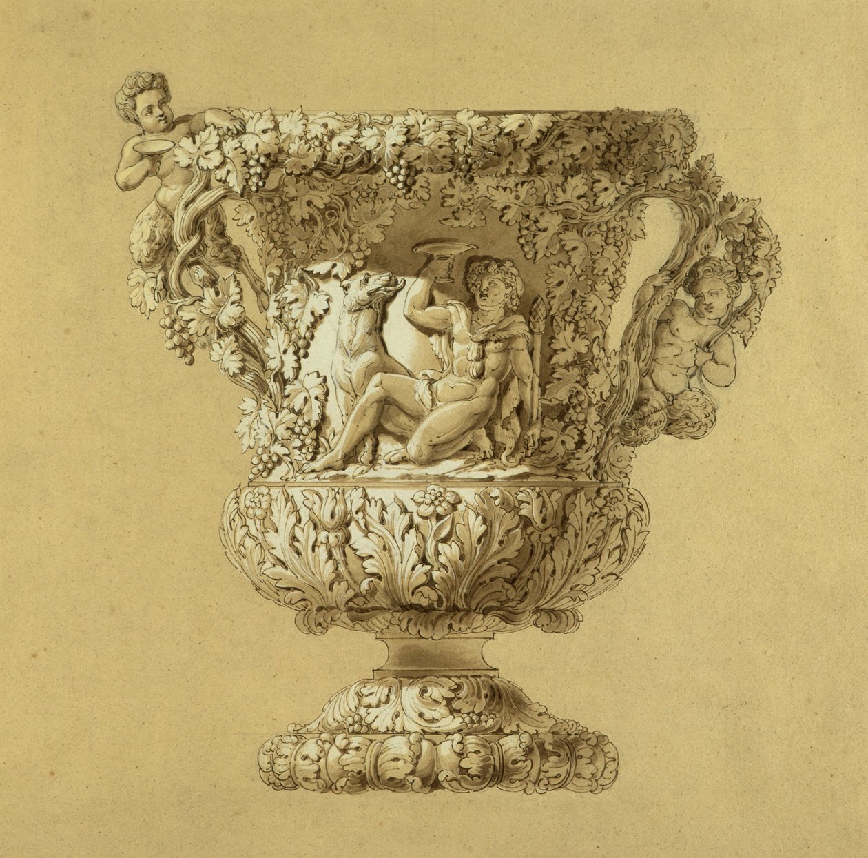 Stor kanna vin. Sepia akvarellteckning av Charles Nicolas Odiot (Charles-Nicolas Odiot (1789-1868), cirka 1834. av Unbekannt