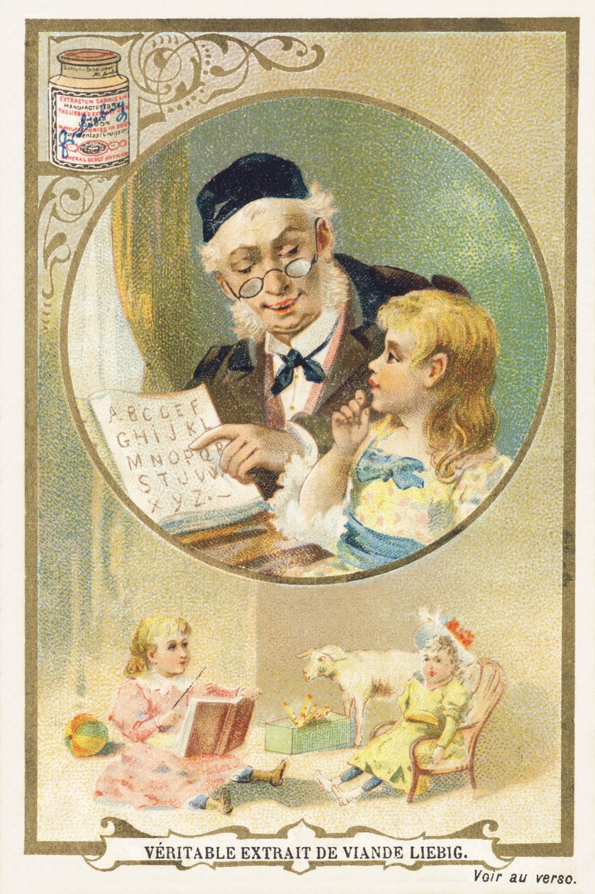 Läser med farfar. Reklamkromolitografi som föreställer en äldre person i en cirkulär ram, en liten vid hans sida. Längst ner på bilden, en sittande liten flicka omgiven av leksaker. Redigerad av Compagnie Liebig, Paris, sent 1800-tal. Dimensionera av Unbekannt