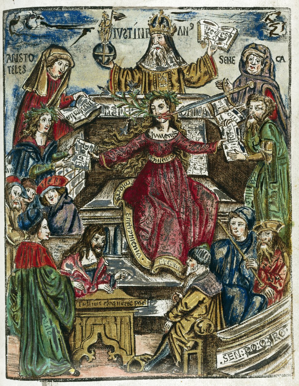 Kunskapsgrenarna från 1500-talet: var och en representerad av olika personligheter: överst, Aristoteles (384-322 f.Kr.) för filosofi och Seneca (Lucius Annaeus Seneca, 4 f.Kr.-65) för moral av Unbekannt