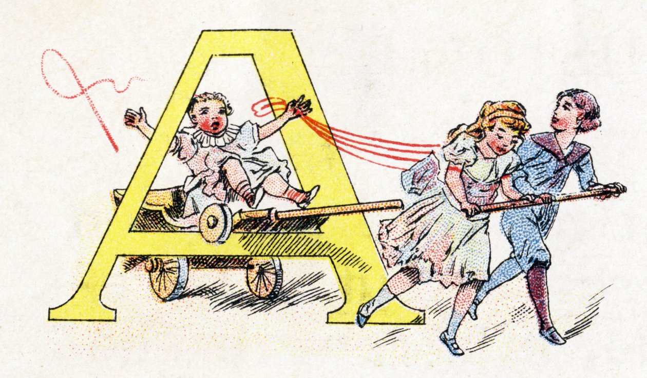 Bokstav A: Hitch Fun. Alfabetet av Phosphatine Falieres. Gravyr. Brevete-alfabetet S.G.D.G. av apotekaren Pierre Emile Falieres. Illustrationer i kromolitografi, sent 1800-tal. 16 sidor. Mått: 103x154mm av Unbekannt