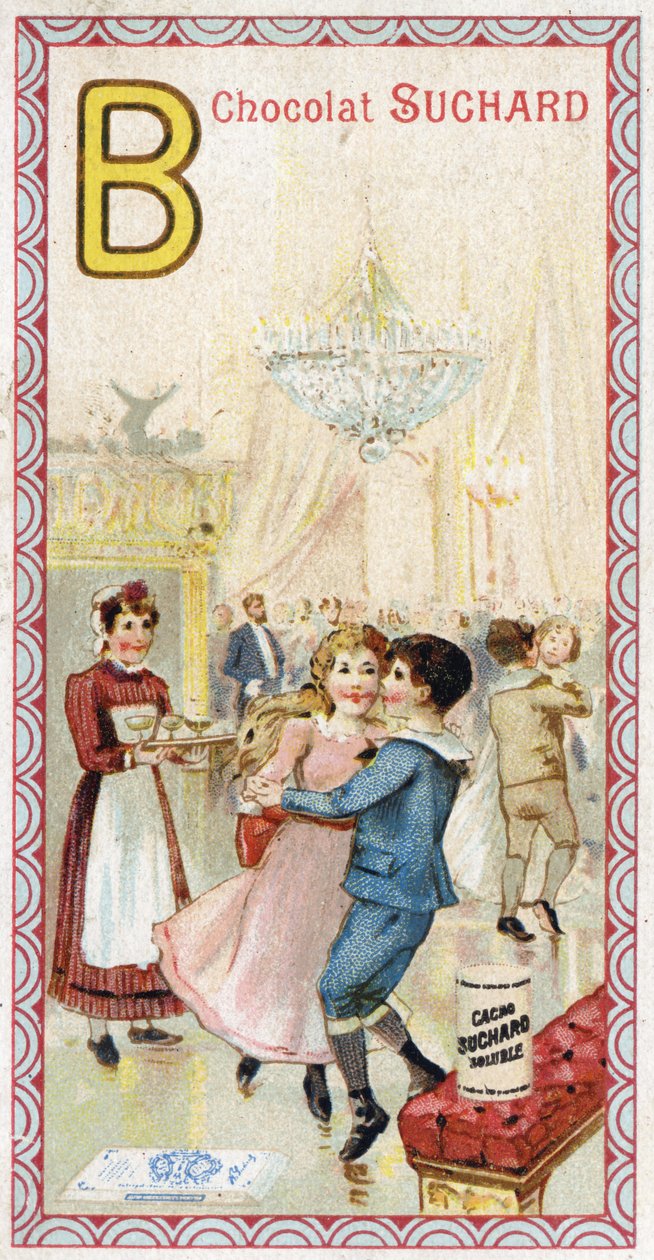 Bokstav B: bal, balkong, drinkar, ljus, piga, bänk. Gravyr av alfabetet redigerad av Chocolat Suchard, början av 1900-talet. 24 kromolitografier som representerar platser, karaktärer och föremål som ska upptäckas i bilden. Mått: 105x55mm av Unbekannt
