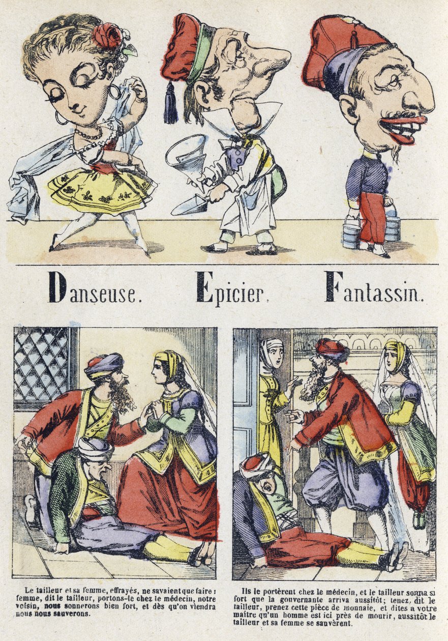 Bokstaven D, E och F: dansare, grossist och infanteri. Alfabetet i den östra berättelsen. Avbildning av Epinal, cirka 1890. Populär serie. Litet häfte på 8 sidor. Mått: 205x150mm. Stencilerade trästick på temat metier av Unbekannt