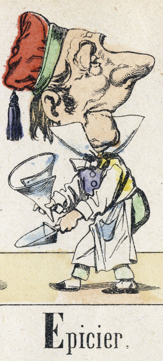 Bokstav E: Livsmedelsaffär. Alfabetet i den östra berättelsen. Avbildning av Epinal, cirka 1890. Populär serie. Litet häfte på 8 sidor. Mått: 205x150mm. Stencilerade trästick på temat metier av Unbekannt