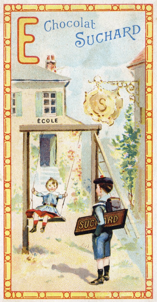 Bokstaven E: skola, barn, escarpolette, märke, skylt, entré, stege, skolpojke. Gravyr av alfabetet redigerad av Chocolat Suchard, början av 1900-talet. 24 kromolitografier som representerar platser, karaktärer och föremål som ska upptäckas i th av Unbekannt