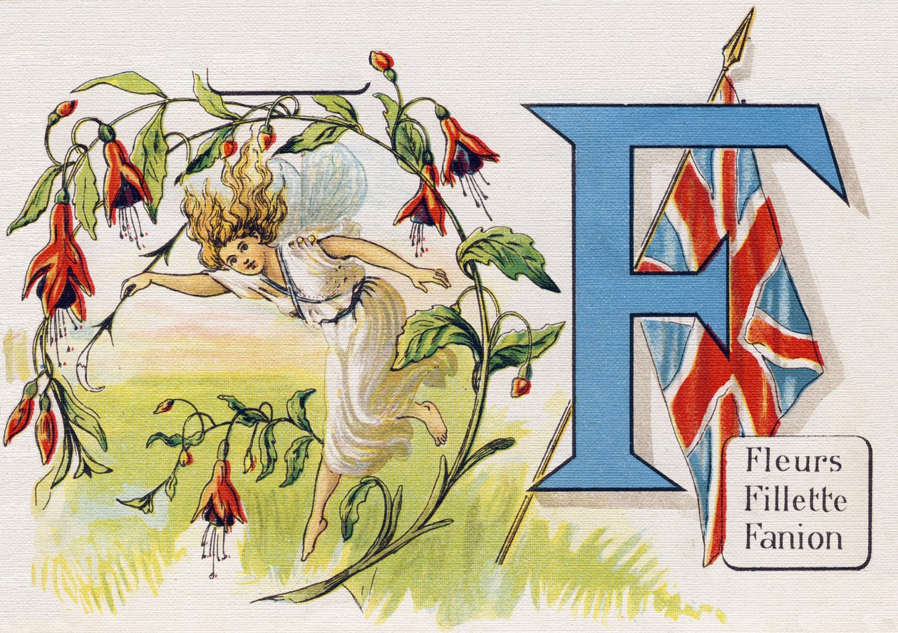 Bokstaven F: Blommor, flicka, vimpel. Gravyr i "ABC L