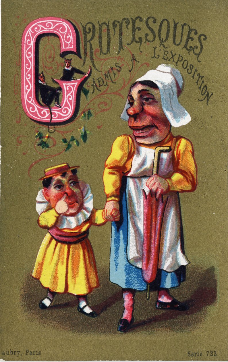 Bokstaven G: Grotesker antagna till utställningen. Gravyr i "Alphabet des grotesques". Serie om 25 reklamkromolitografier på en dore-bakgrund, sent 1800-tal. Mått: 11x7 cm av Unbekannt