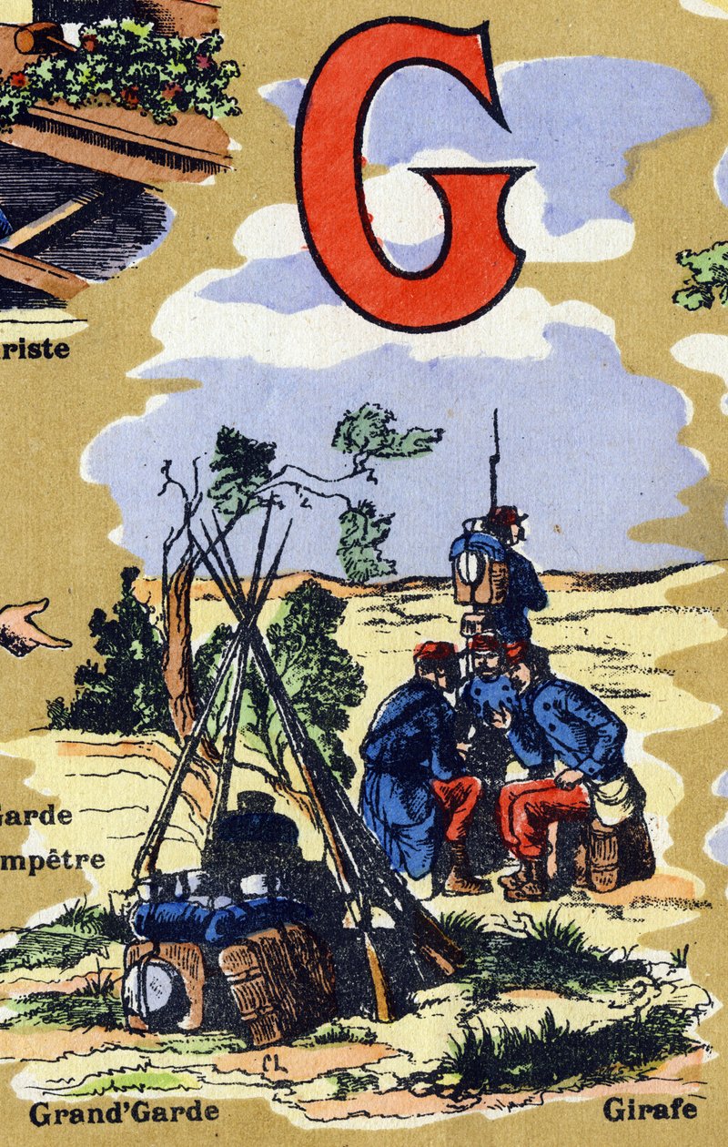 Bokstaven G som arméns stora vakt. Iphabet illustrerar. Bilder återförenades i Jarville-Nancy, tidigt 1900-tal. Mått: 40 x 29 cm. Litografi på en bistre bakgrund av Unbekannt
