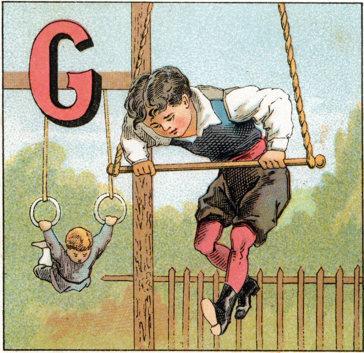Bokstaven G för gymnastik. Gravyr i "Alphabet des petits ecoliers". Avbildning av Epinal, cirka 1885. Privee Collection av Unbekannt