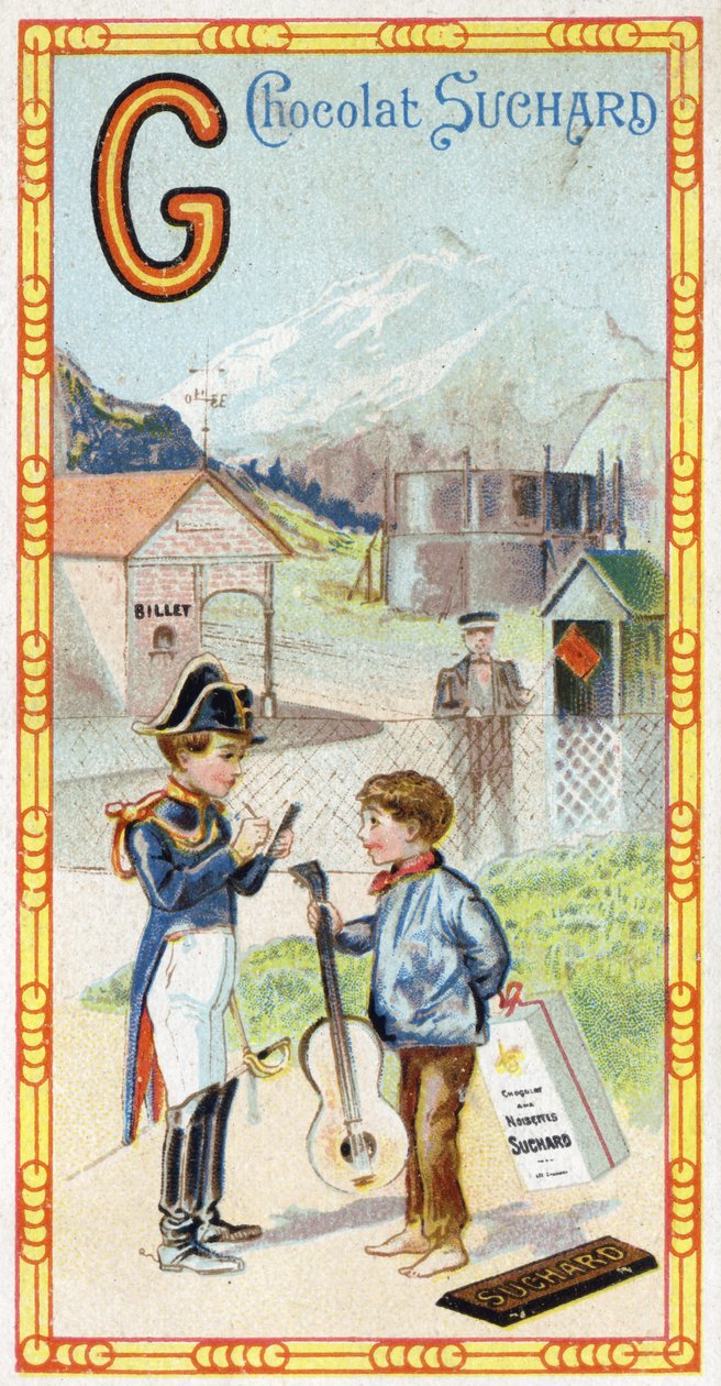Bokstaven G: glaciär, gendarme, gazometer, unge, station, krigare, skovel, gitarr. Gravyr av alfabetet redigerad av Chocolat Suchard, början av 1900-talet. 24 kromolitografier som representerar platser, karaktärer och föremål som ska upptäckas i bilden av Unbekannt