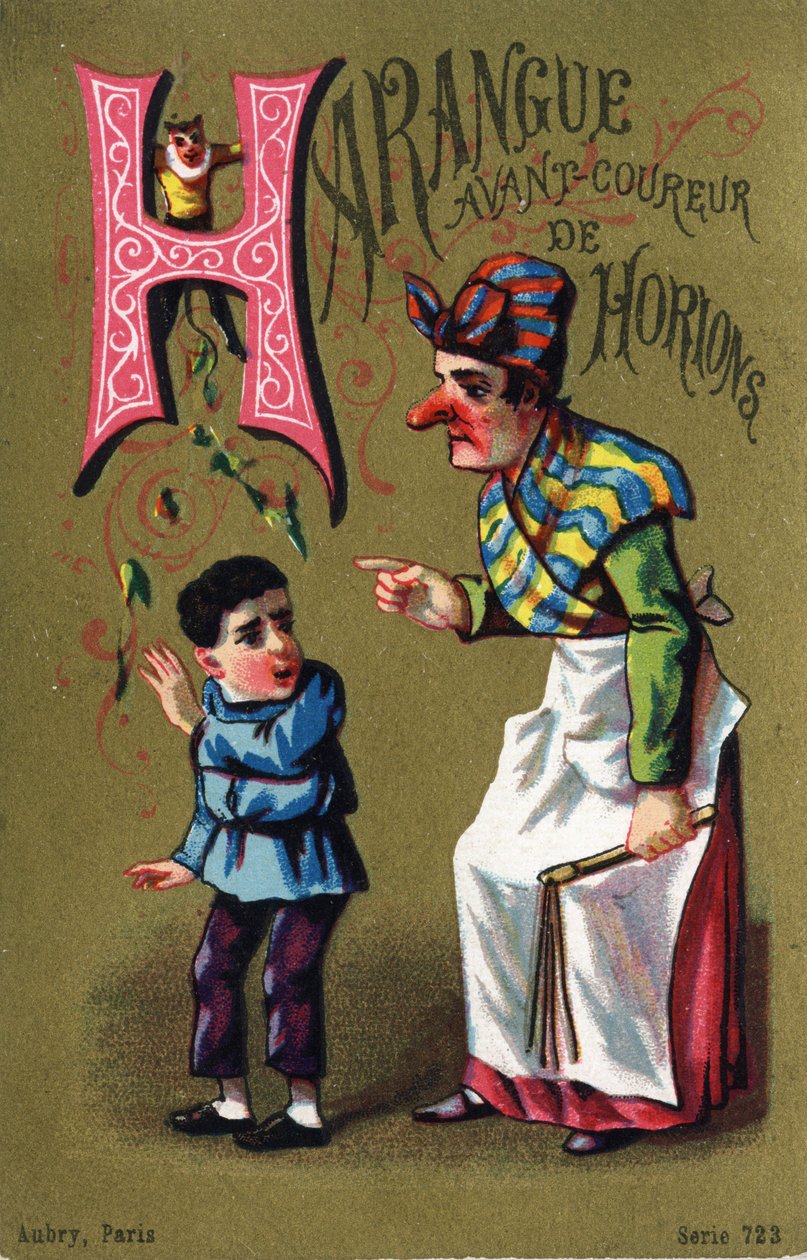 Bokstav H: Harangue före horionlöpare. Gravyr i "Alphabet des grotesques". Serie om 25 reklamkromolitografier på en dore-bakgrund, sent 1800-tal. Mått: 11x7 cm av Unbekannt