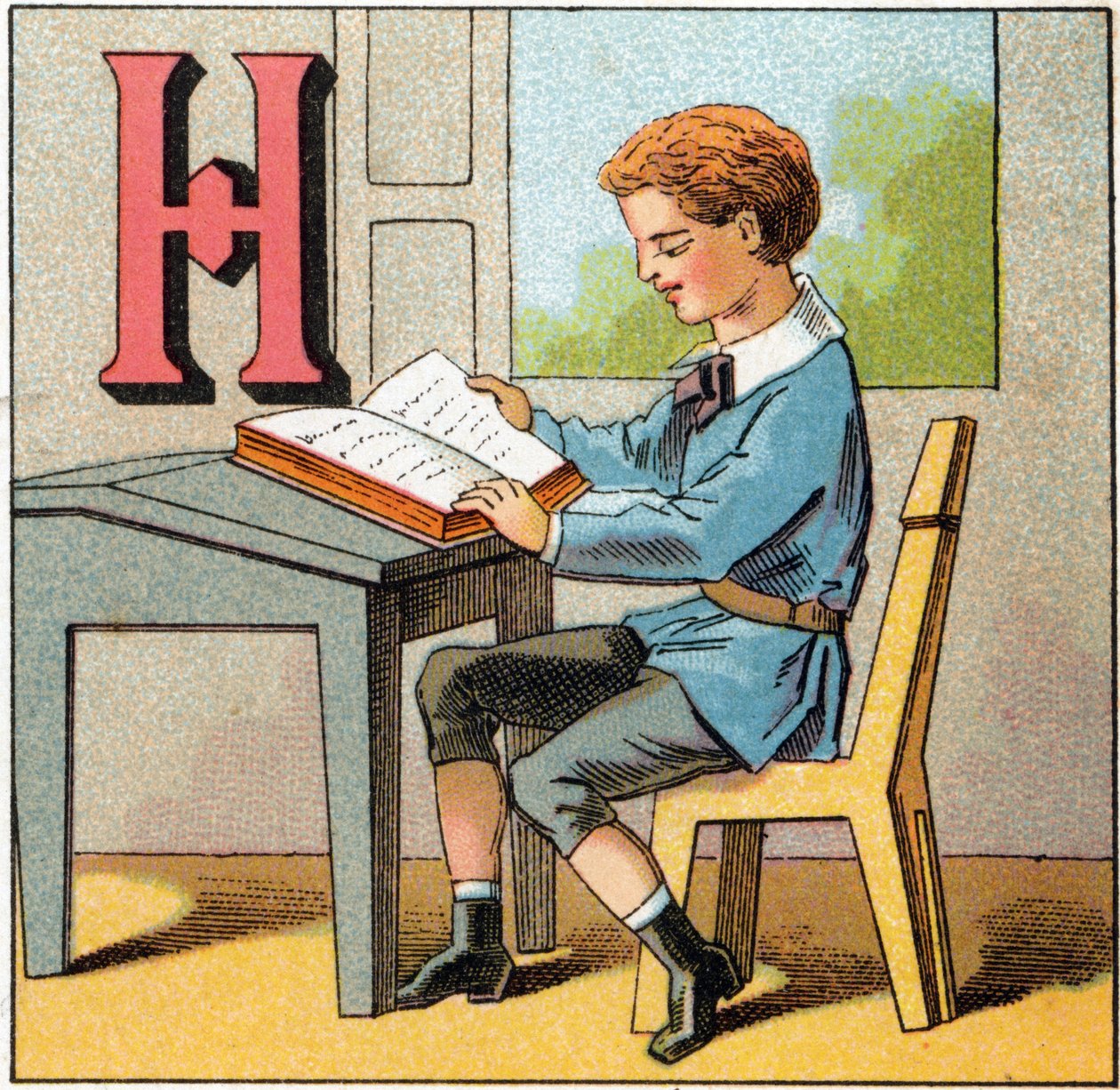 Bokstaven H som Frankrikes historia. Gravyr i "Alphabet des petits ecoliers". Avbildning av Epinal, cirka 1885. Privee Collection av Unbekannt