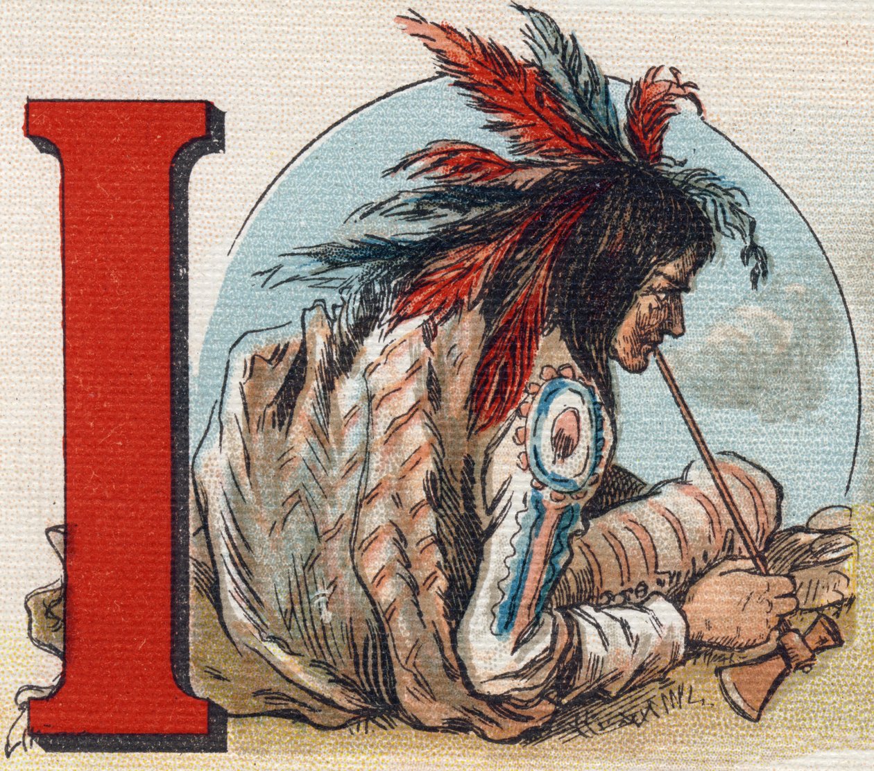 Bokstav I: Amerikansk indian. Gravyr i "Alphabet de ma petite fille". Bernardin-Bechet och Fils, bokhandlare-förlag, Paris, omkring 1895. Okrossbart album på duk. Bibliotheque des Bebes. 12 sidor. Album innehållande en läsmetod och en illustrativ av Unbekannt