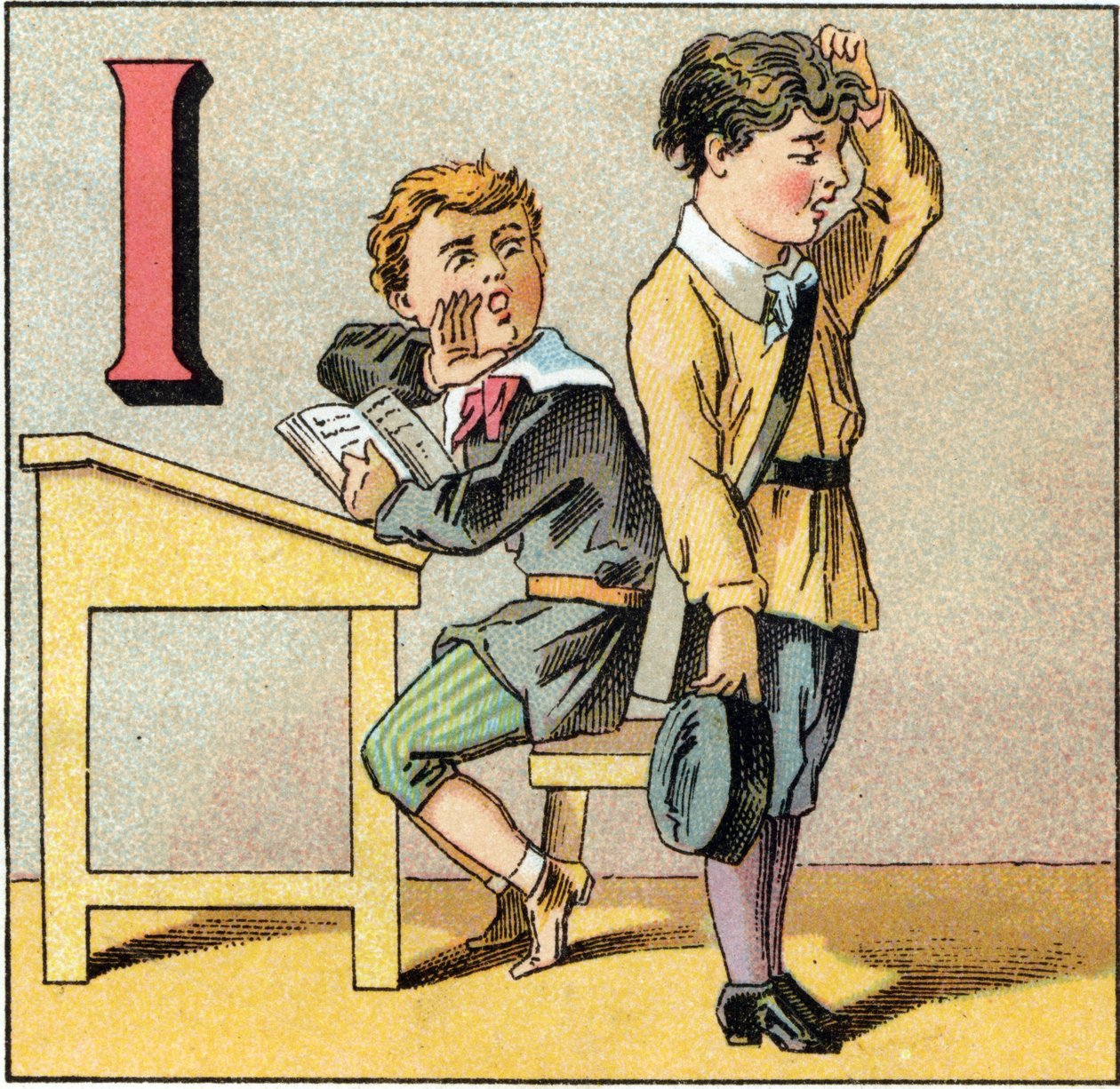 Brev I som okunnighet. En student ifrågasätter har glömt sin föreläsning och upprepar vad en av hans kamrater blåser. Gravyr i "Alphabet des petits ecoliers". Avbildning av Epinal, cirka 1885. Privee Collection av Unbekannt