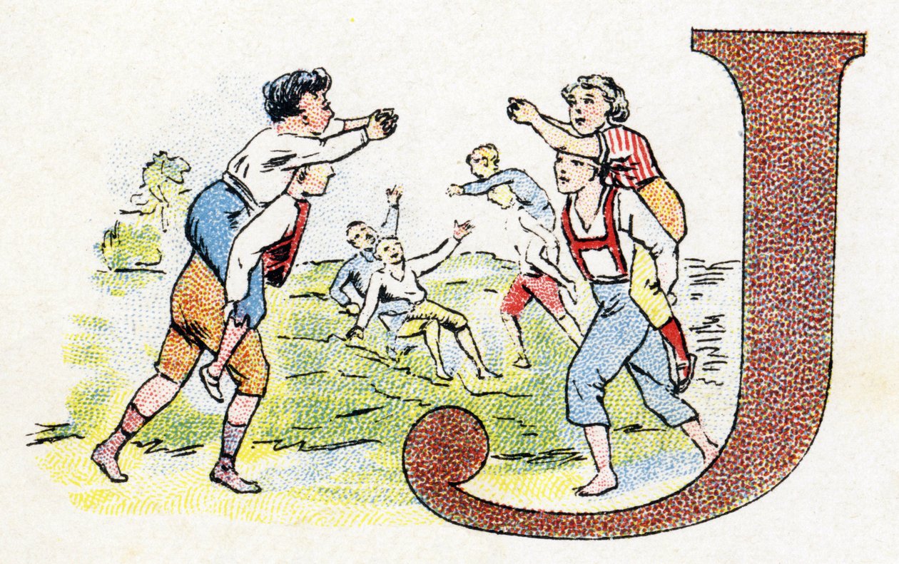 Bokstav J: Spel. Alfabetet av Phosphatine Falieres. Gravyr. Brevete-alfabetet S.G.D.G. av apotekaren Pierre Emile Falieres. Illustrationer i kromolitografi, sent 1800-tal. 16 sidor. Mått: 103x154mm av Unbekannt