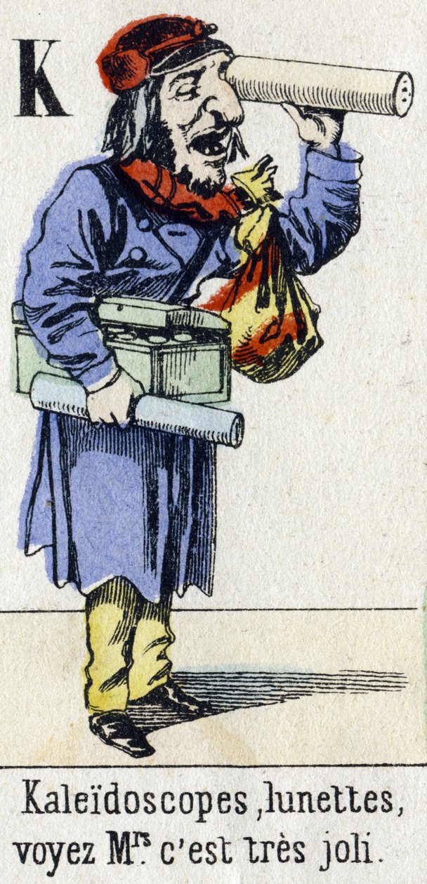 Bokstaven K: "Kaleidoskop, glasögon, se fru, det är väldigt fint." Alfabetet "Barns kul". Avbildning av Epinal, cirka 1890. Populär serie. Litet häfte på 8 sidor. Stencilerade trästick på temat små gatumetier och Paris rop av Unbekannt
