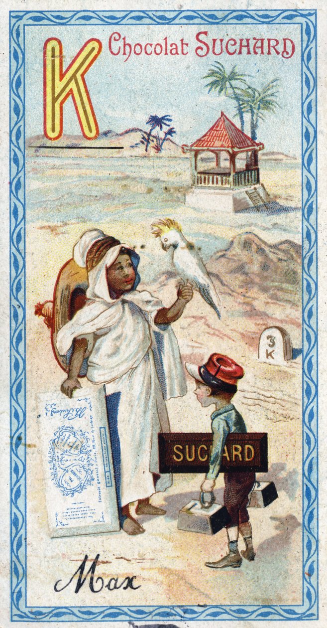 Bokstaven K: kabyle, kepi, kilogram, kakatoes, kiosk, kilometer. Gravyr av alfabetet redigerad av Chocolat Suchard, början av 1900-talet. 24 kromolitografier som representerar platser, karaktärer och föremål som ska upptäckas i bilden. Mått: 105x55mm av Unbekannt