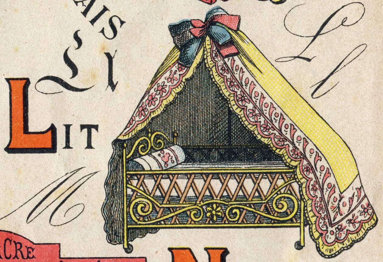 Bokstaven L . Gravyr i "ABC Toys". Epinal avbildning i kromolitografi, ca 1890. Litet häfte om 8 sidor. Mått: 195x135mm, avsedd att ta emot annons i 4:e omslaget. Används hemma, den erbjuder en lysande abecedary och en liten läsmetod. av Unbekannt