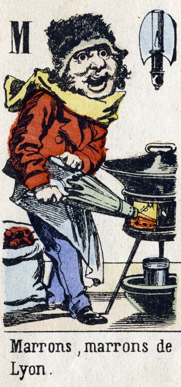 Bokstaven M: "Brun, Brown of Lyon". Alfabetet "Barnsnöjen". Bildåtergivning av Epinal, cirka 1890. Populär serie. Litet häfte på 8 sidor. Stencilerade trästick på temat små gatumetier och Paris rop av Unbekannt