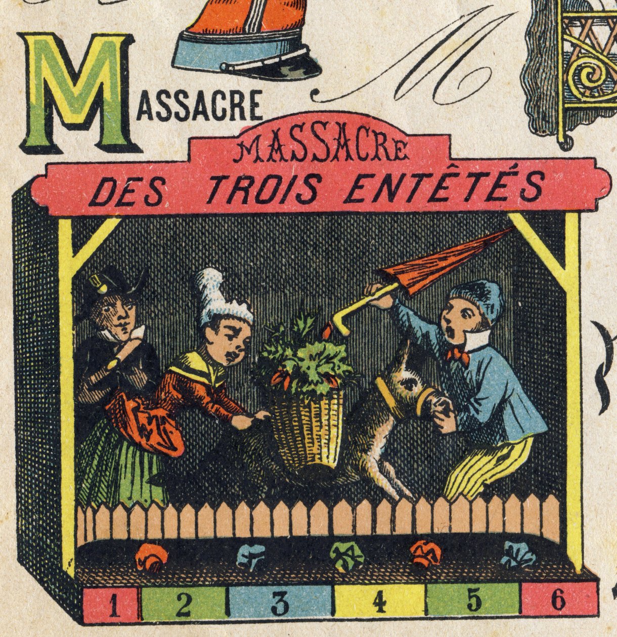 Bokstaven M . Gravyr i "ABC Toys". Epinal avbildning i kromolitografi, ca 1890. Litet häfte om 8 sidor. Mått: 195x135mm, avsedd att ta emot annons i 4:e omslaget. Används hemma, den erbjuder en lysande abecedary och en liten läsmetod. av Unbekannt